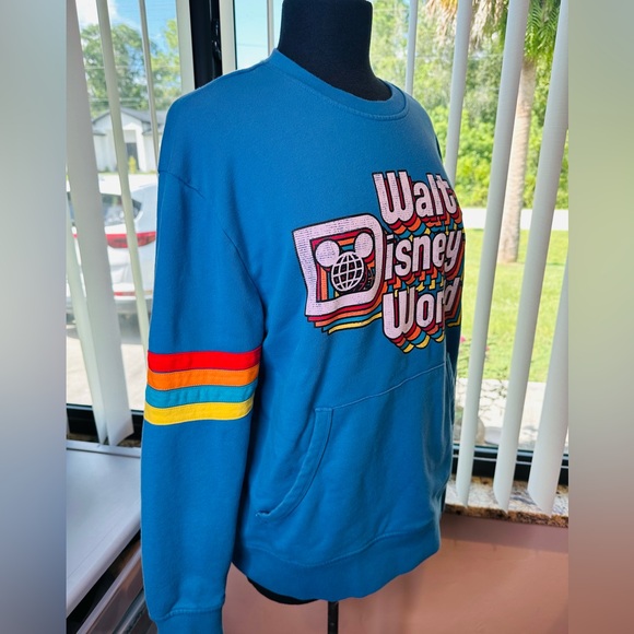 Walt Disney World Retro Blue Crewneck Sweater Red Yellow Stripes Size Medium - Picture 3 of 9